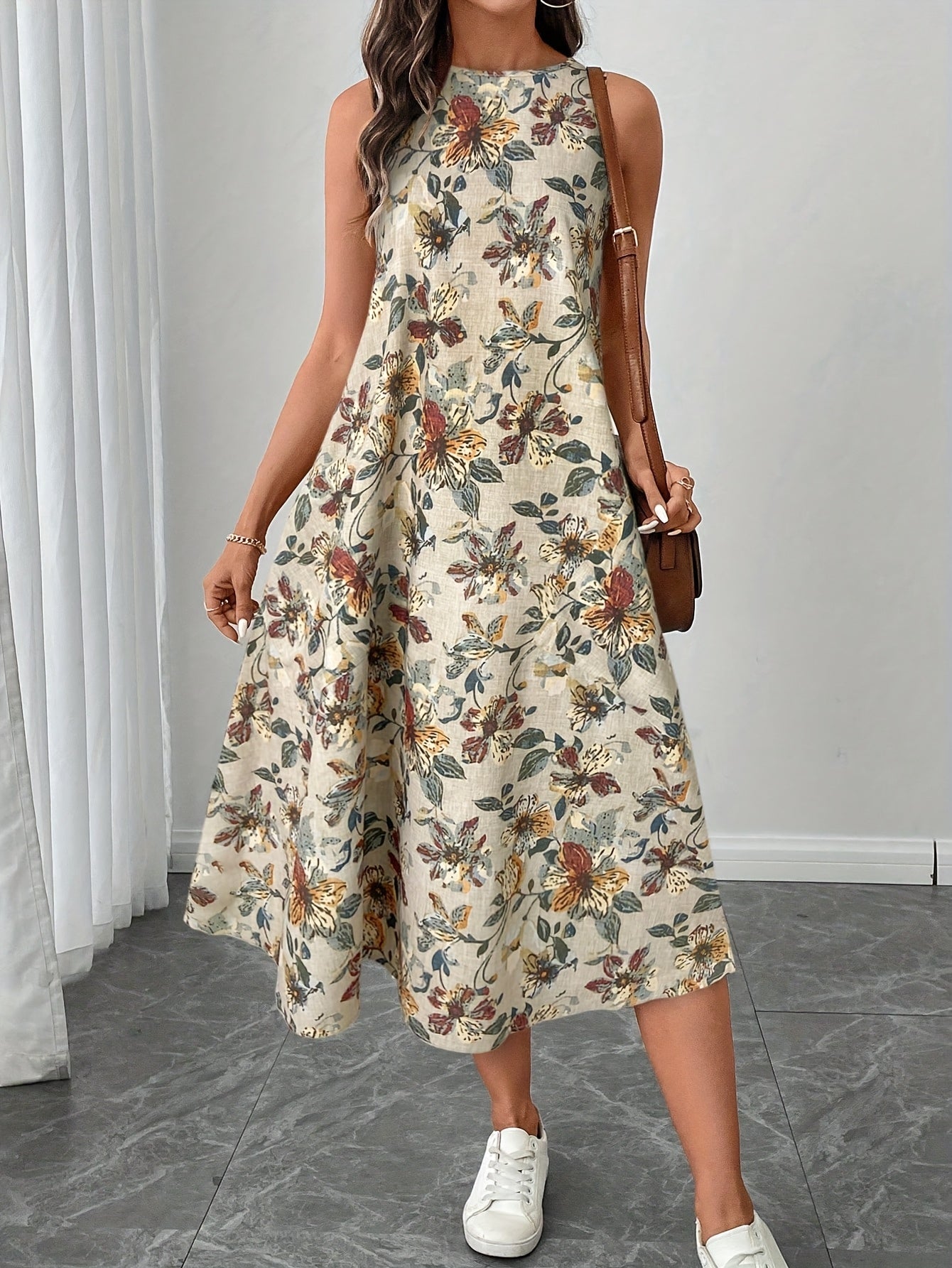 Women'S Floral Print Sleeveless A-Line Midi Dress - Casual Elegant Vacation Dress with Round Neck, White Sneakers, Brown Shoulder Bag, Perfect for Adult, Casual Attire|Floral Print Dress|Sleeveless Dress